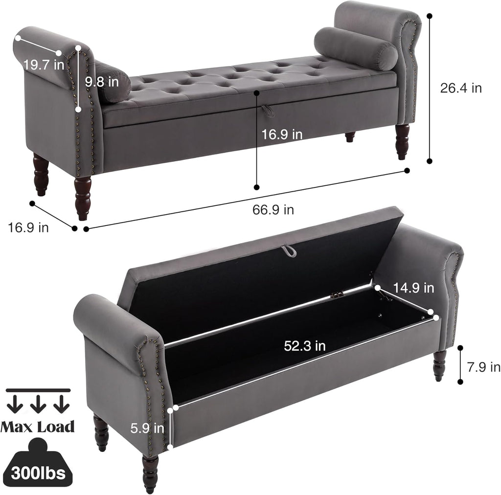 67" End of Bed Storage Bench King Size, Storage Bench for Bedroom, Velvet Bed Bench with Storage Upholstered Tufted Storage Ottoman Bench with Arms for Bedroom, Living Room, Entryway, Dark Grey