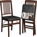 SIMPLEX Folding Wood Dining Chairs, Padded, No Assembly, 2 Pack | Solid rubberwood frames support 400 lb each; PU leather cushions fold to 17 inches for kitchens, apartments or extra seating.