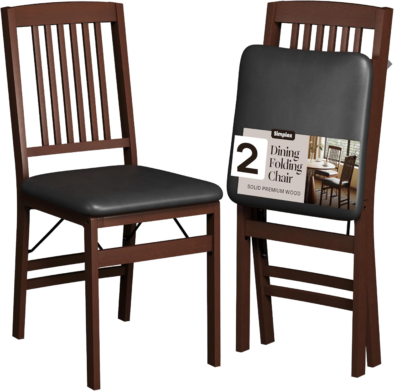 SIMPLEX Folding Wood Dining Chairs, Padded, No Assembly, 2 Pack | Solid rubberwood frames support 400 lb each; PU leather cushions fold to 17 inches for kitchens, apartments or extra seating.