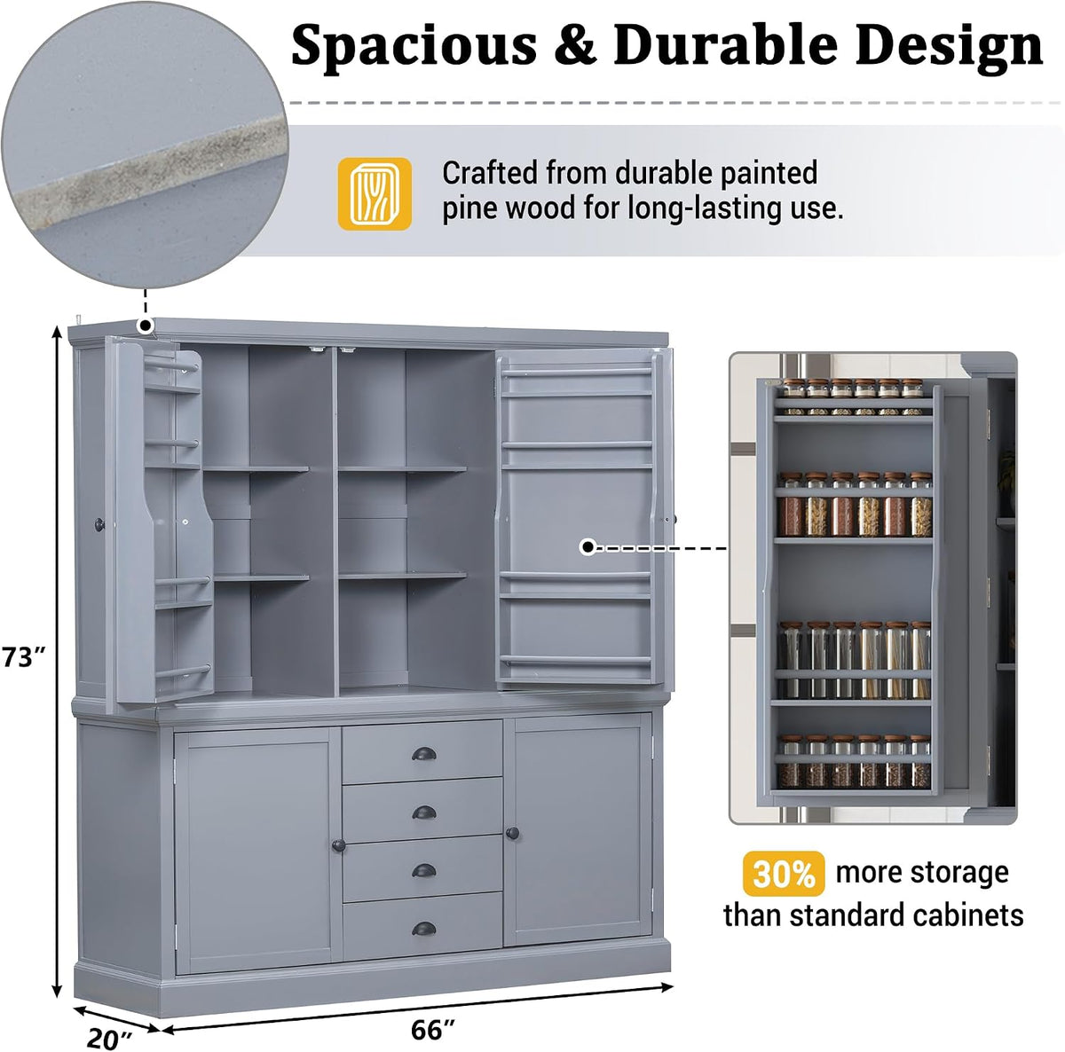 73'' Traditional Freestanding Wooden Kitchen Pantry, Large Kitchen Storage Unit Cupboard with Drawers Cupboard with Door Shelves and Adjustable Shelves (Gray-T)