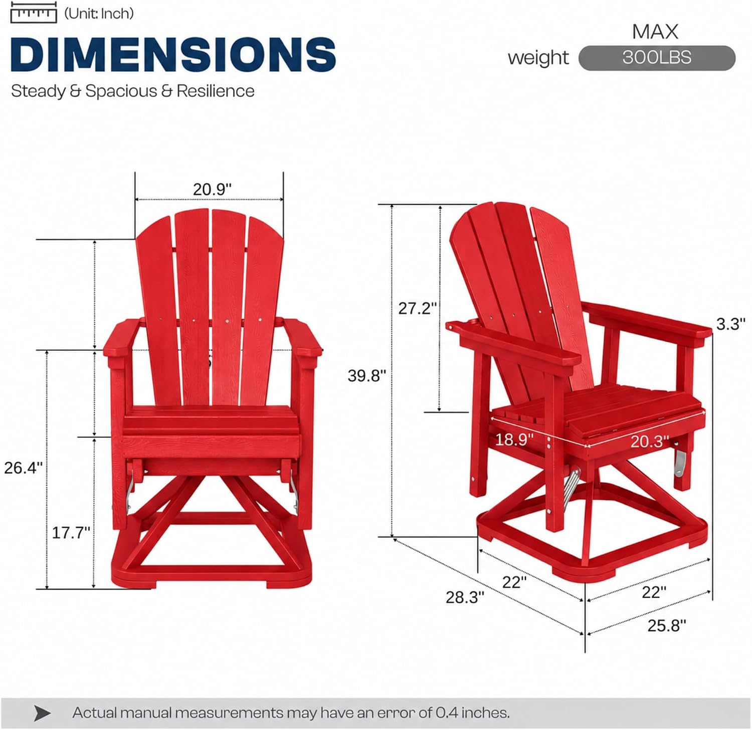 Set of 2 Adirondack Swivel Glider Chairs, All-Weather HDPE Patio Glider Set for Porch, Balcony, Heavy Duty Swivel Rocker Outdoor Seating, 360 Degree Rotation, Red