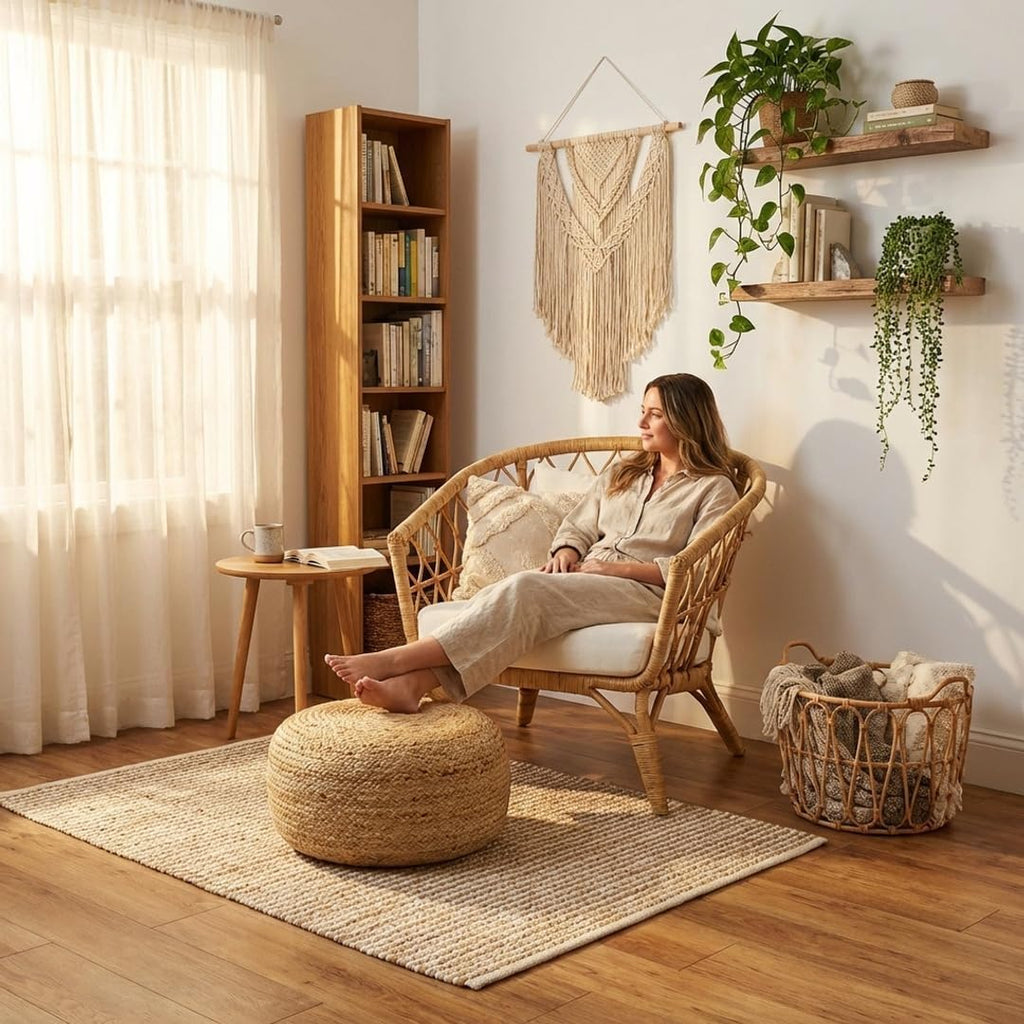· REDEARTH · Jute Circular Low Pouf Ottoman - Boho Foot Stool - Natural | Jute, 18"x18"x10"; Braided Jute Pouf, Accent Sitting Doubles as Foot Rest; Great for Living Room, Patio, Outdoor, Bedroom
