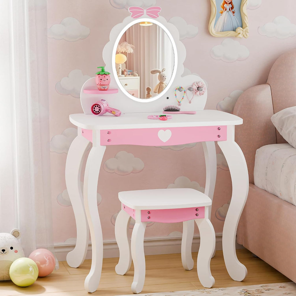 TOLEAD Girls Vanity Set with Lighted Mirror and Stool, Kids Vanity with Storage Space and Bow Pattern for Princess, Toddler Makeup Vanity Desk with Open Shelf and Bracelet Bods, White