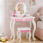 TOLEAD Girls Vanity Set with Lighted Mirror and Stool, Kids Vanity with Storage Space and Bow Pattern for Princess, Toddler Makeup Vanity Desk with Open Shelf and Bracelet Bods, White