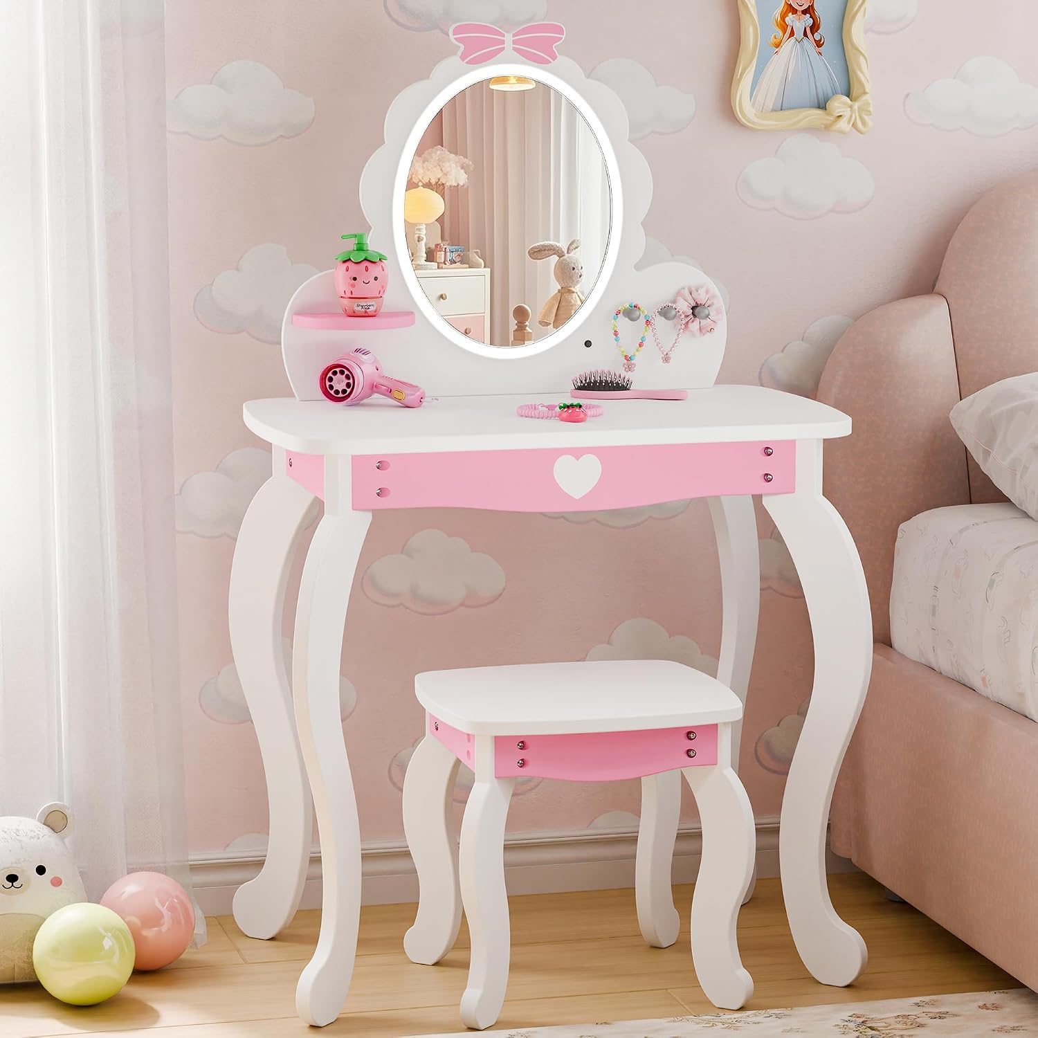 TOLEAD Girls Vanity Set with Lighted Mirror and Stool, Kids Vanity with Storage Space and Bow Pattern for Princess, Toddler Makeup Vanity Desk with Open Shelf and Bracelet Bods, White