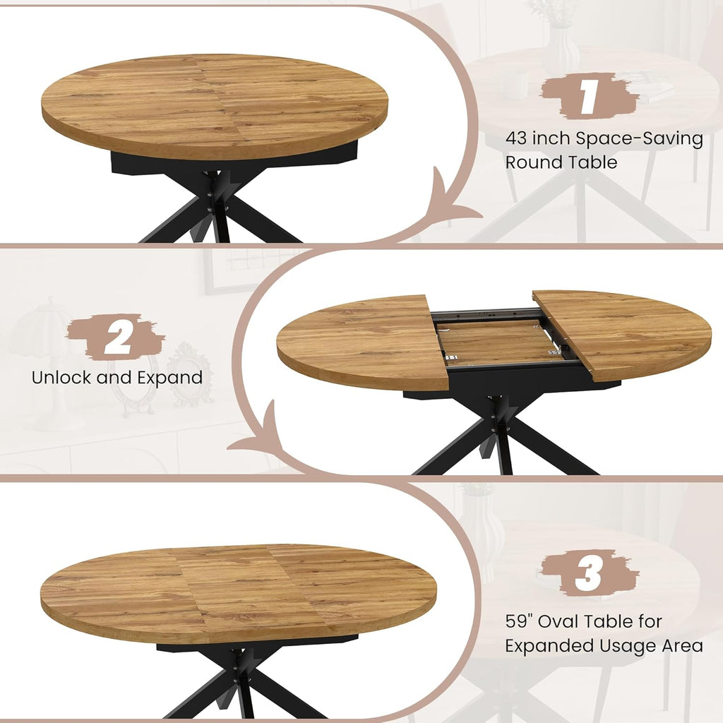 7-Piece Extendable Round Dining Table with Chairs Set for 6, 43"-59" Kitchen Dining Table Set with Heavy Duty Leg for Dining Living Room Apartment(Oak Table + 6 Brown Chairs)