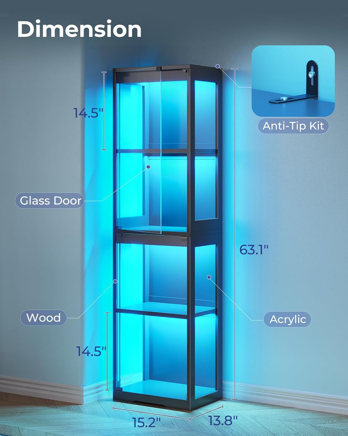 AODK Glass Display Cabinet with Glass Doors, Display Case with RGB Lights