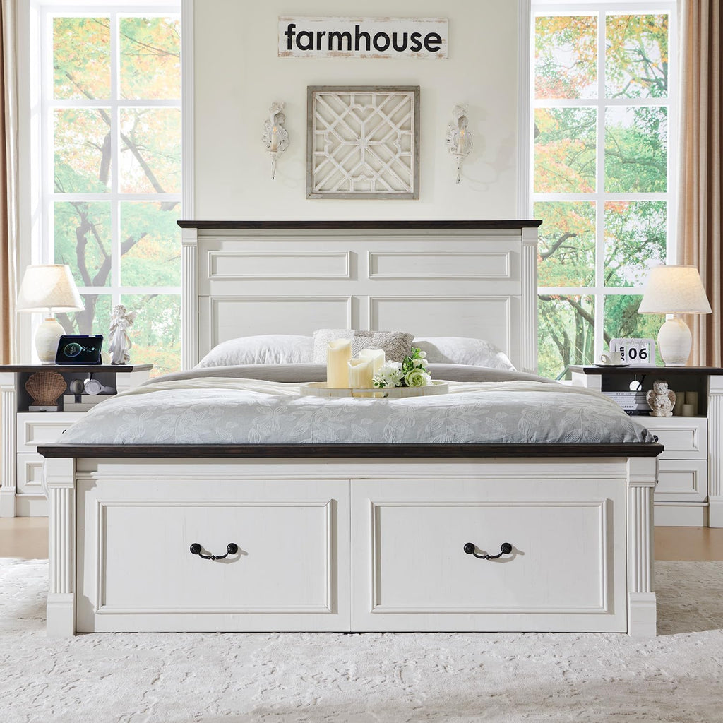 26" Tall Farmhouse Night stand Set of 2, 2 Drawers End Table w/Charging Station, 23.6" Wide Wood Side Table w/Roman Column, Large Rustic Sofa Table w/Open Shelf, Bedside Table for Bedroom, White