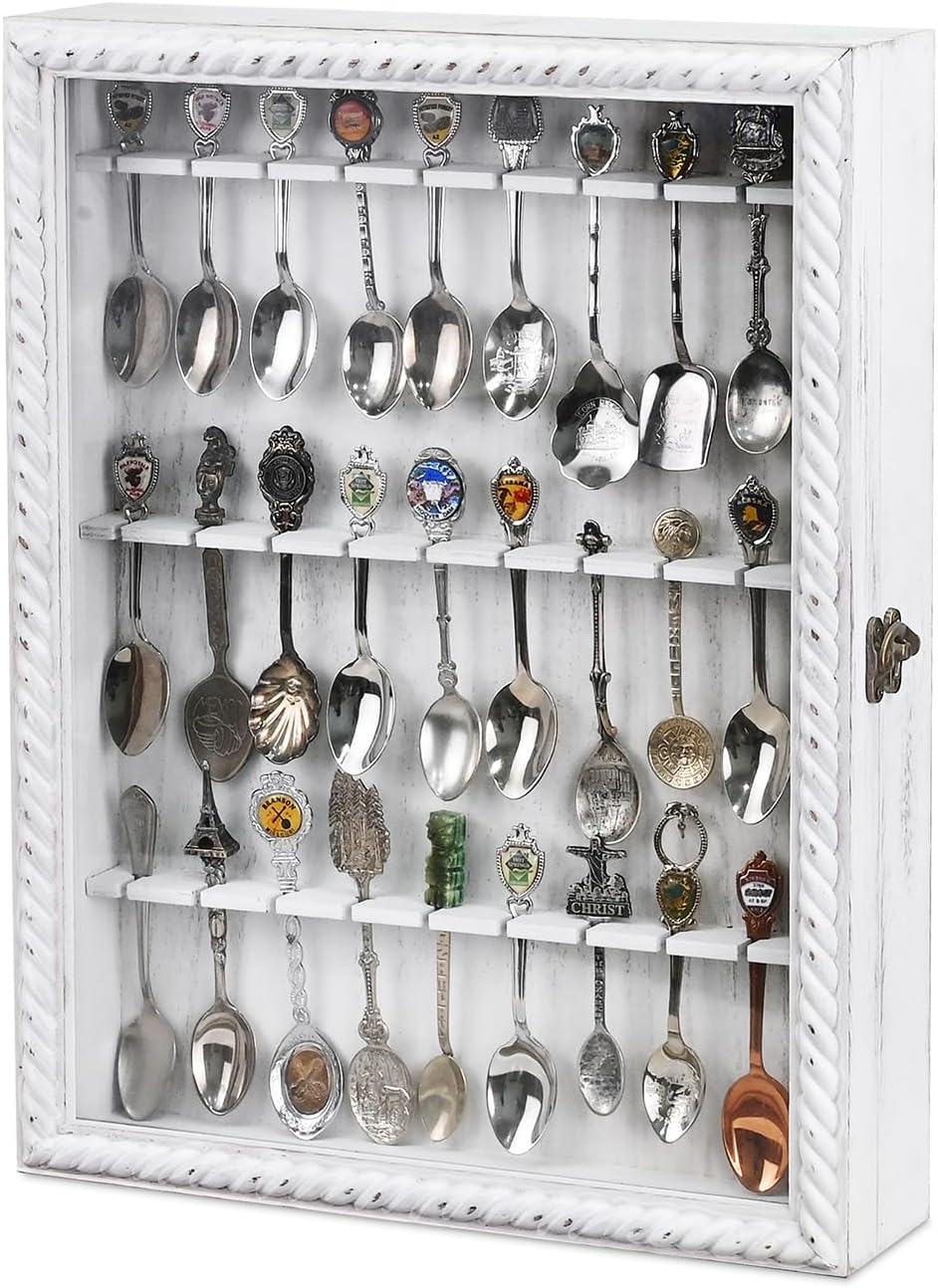 Ikee Design Wooden 30-Souvenir Spoon Display Case Cabinet, Wall-Mounted Tea Spoon Rack with Tempered Glass Door Suitable for Collection Display, Antique White Color, 13.4W x 2.6D x 15.7H in