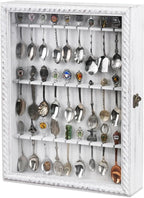 Ikee Design Wooden 30-Souvenir Spoon Display Case Cabinet, Wall-Mounted Tea Spoon Rack with Tempered Glass Door Suitable for Collection Display, Antique White Color, 13.4W x 2.6D x 15.7H in