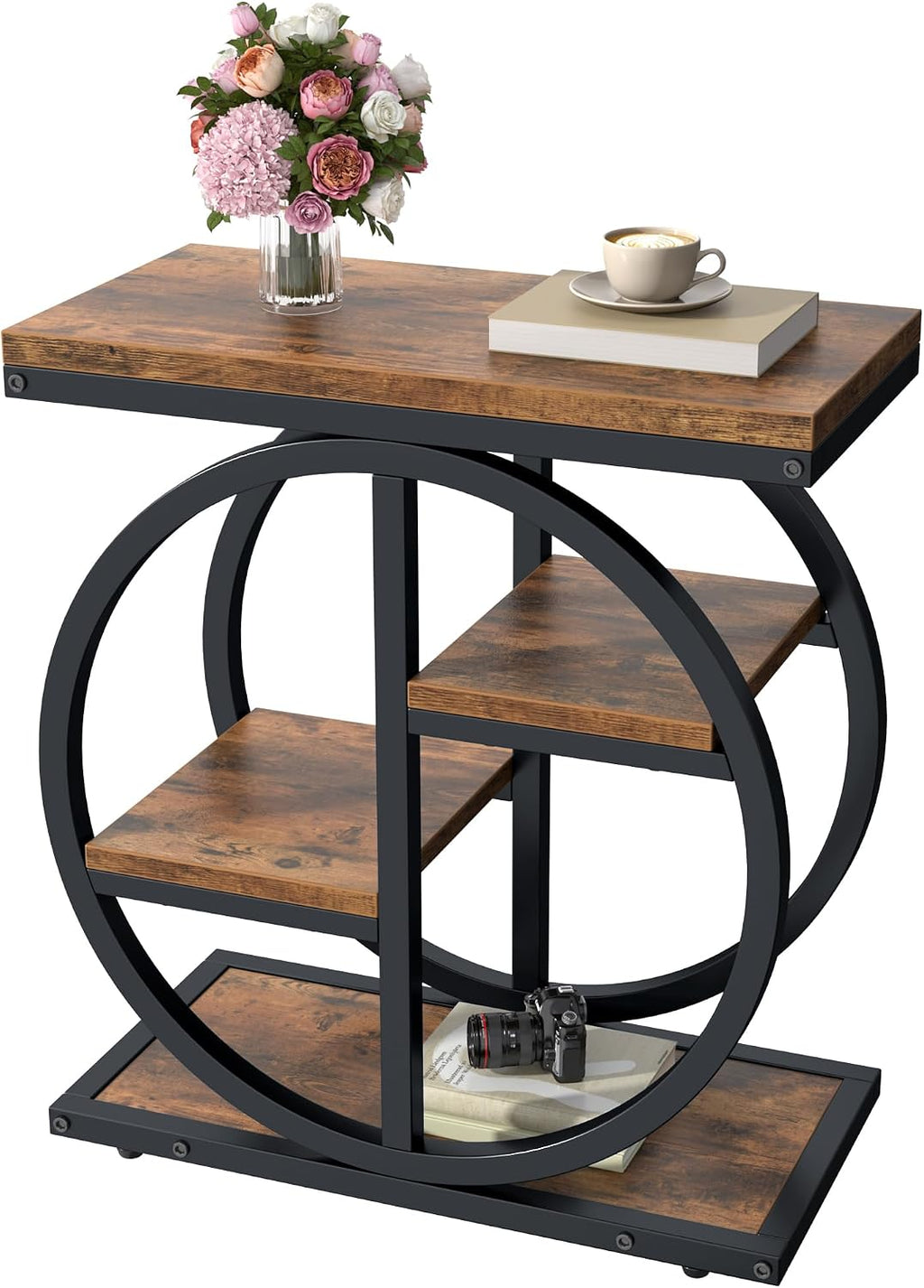 End Tables for Living Room, 4-Tier Narrow Side Table with Storage Space, Wood Slim Sofa Side Table with Geometric Metal Frame, Industrial Skinny Nightstand and Bedside Table, Rustic Brown