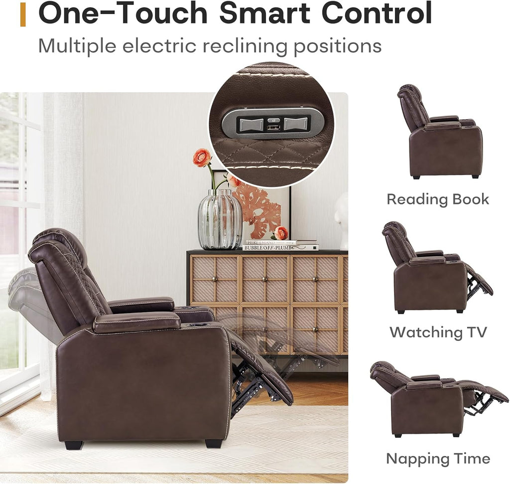 ANJ Power Home Theater Seating, PU Leather Electric Recliner Chair with Adjustable Headrest, Dual Motors Movie Reclining Chairs with LED Lights,USB Port, Cup Holders, Hidden Arm Storage (Brown)
