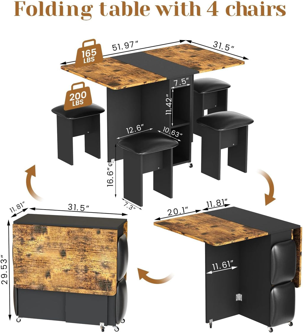 furlinkhm Folding Dining Table Set for 4, Dinner Table with 4 Leather Chairs and Shelves, Space Saving Foldable Dining Table with 6 Wheels, Kitchen Table for Small Spaces, Walnut