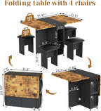 furlinkhm Folding Dining Table Set for 4, Dinner Table with 4 Leather Chairs and Shelves, Space Saving Foldable Dining Table with 6 Wheels, Kitchen Table for Small Spaces, Walnut