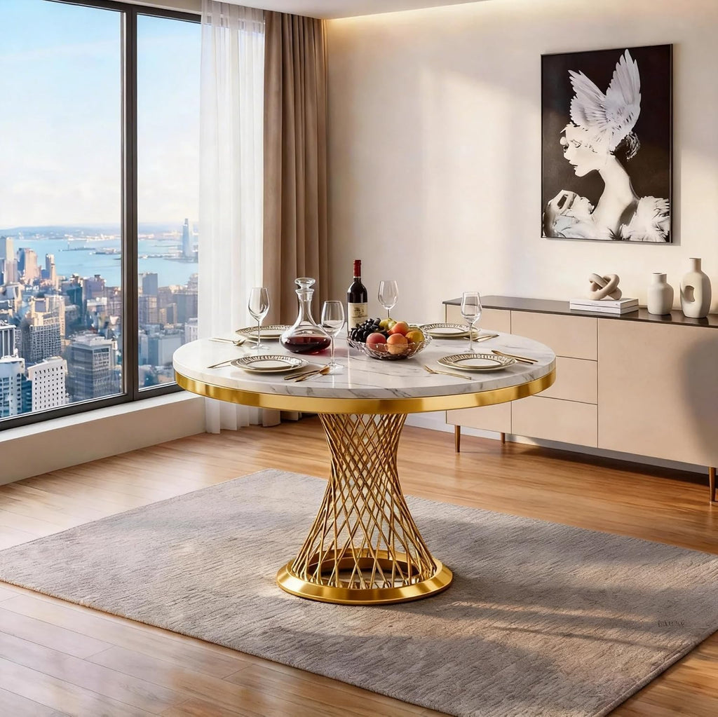 GlyphForm 47" Round Faux Marble Dining Table for 4 to 6, Luxury Modern White Kitchen Table with Gold Stainless Steel Spiral Base Frame, easy to clean Heavy Duty Dining Room Table for Home Office, MDF