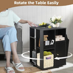 TooCust Rotating End Table with Storage, Square Rotating Side Table Living Room, Side Table with Magazine Holder, Basket and Cabinet, Swivel End Table with Multiple Storage (Black)