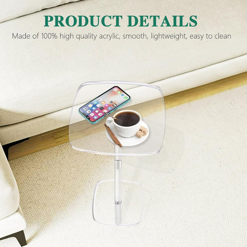 Square Drink Table, 10" Lx10 Wx21.6 H Acrylic Side Table for Small Spaces, Clear Pedestal Side Table, Cocktail Martini Table for Living Room, Bedroom, Sofa, Chair, Clear