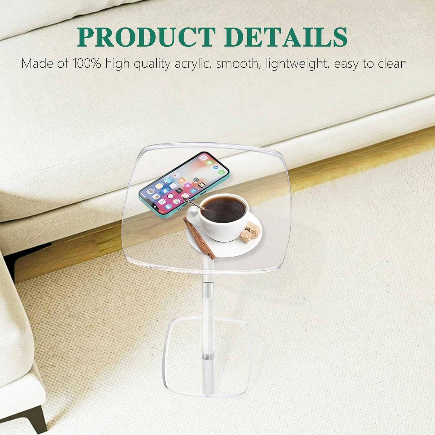 Square Drink Table, 10" Lx10 Wx21.6 H Acrylic Side Table for Small Spaces, Clear Pedestal Side Table, Cocktail Martini Table for Living Room, Bedroom, Sofa, Chair, Clear