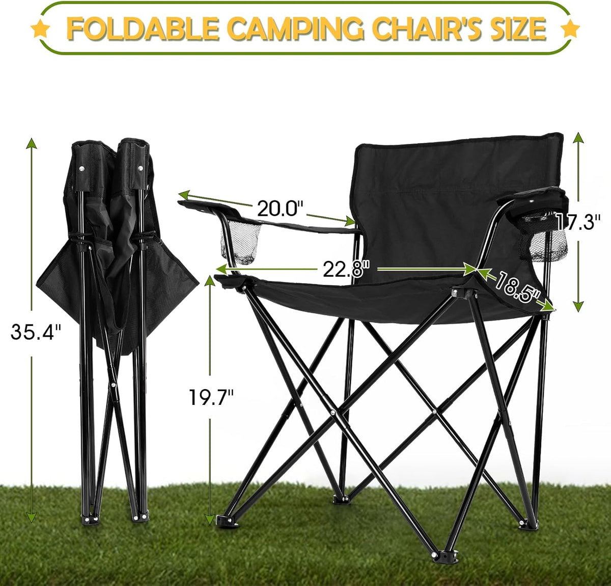 HaSteeL Folding Camping Chair Set of 3, Foldable Black Camp Chairs & Grey Table, Large Lawn Chair Portable for Adults Hiking, Fishing, Picnic, Outdoor BBQ, Travel, Sports, Cup Holders & Storage Bags