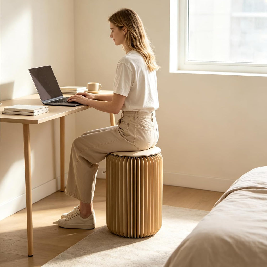 PAPER JAZZ 17in Foldable Stool Portable Stool for Adult House Decor Brown | Thick Paper Honeycomb Portable Stool,Folding Foot Stool Durable for Adults, Space Saving Lightweight for Bedroom Office