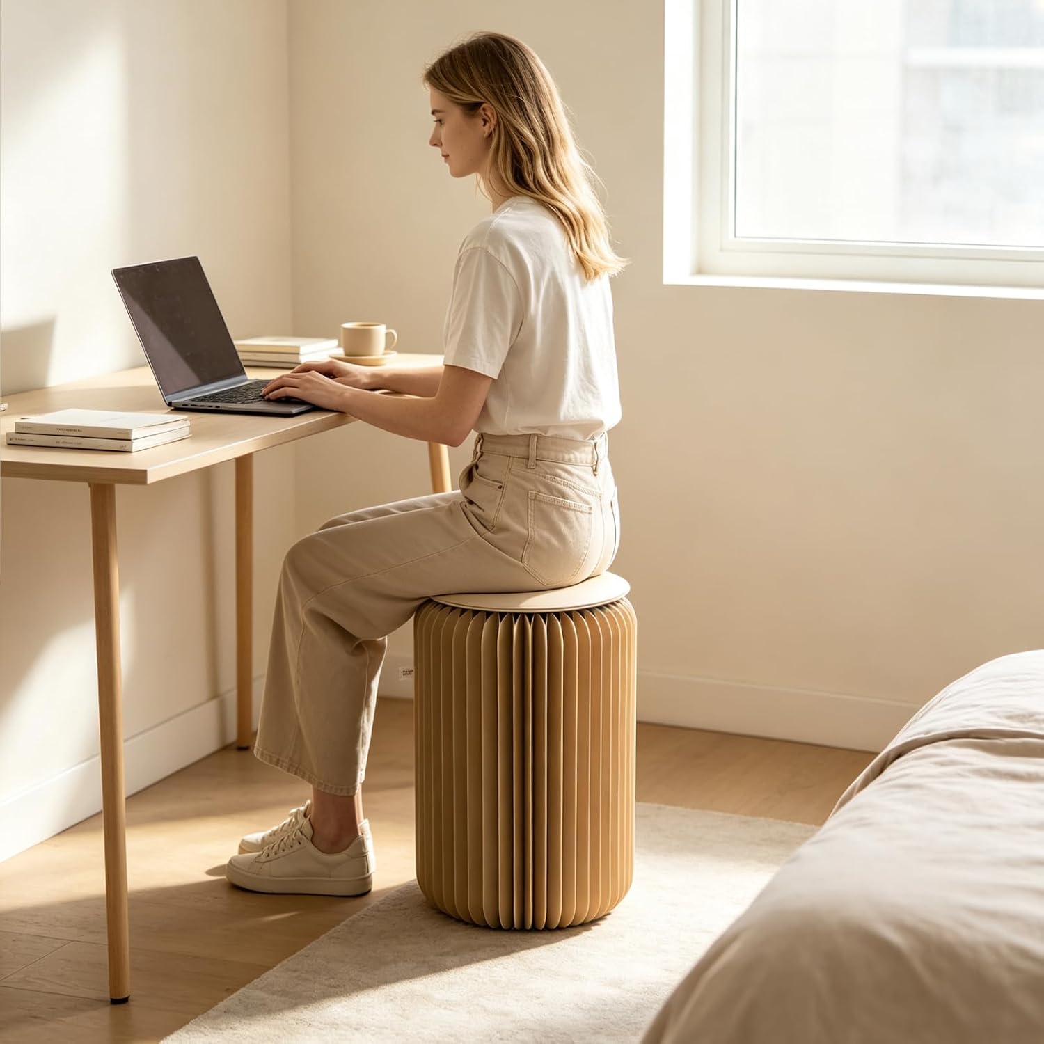 PAPER JAZZ 17in Foldable Stool Portable Stool for Adult House Decor Brown | Thick Paper Honeycomb Portable Stool,Folding Foot Stool Durable for Adults, Space Saving Lightweight for Bedroom Office
