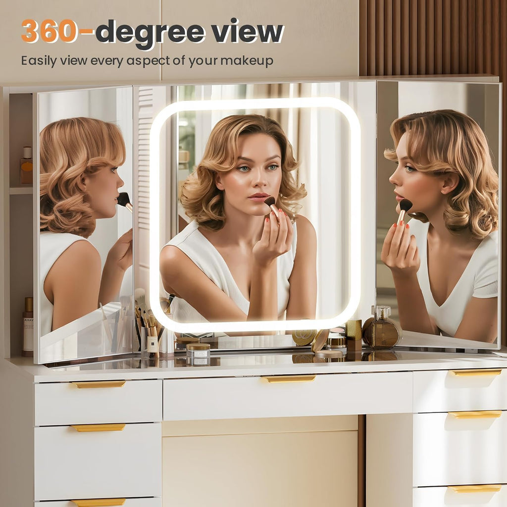 Pamapic Glass Top Vanity Desk with Foldable Mirror, 11 Drawers Makeup Vanity with LED Lighted Mirror, Power Outlet, 3 Lighting Modes Dressing Table with Golden Handles, White