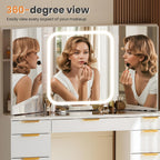 Pamapic Glass Top Vanity Desk with Foldable Mirror, 11 Drawers Makeup Vanity with LED Lighted Mirror, Power Outlet, 3 Lighting Modes Dressing Table with Golden Handles, White