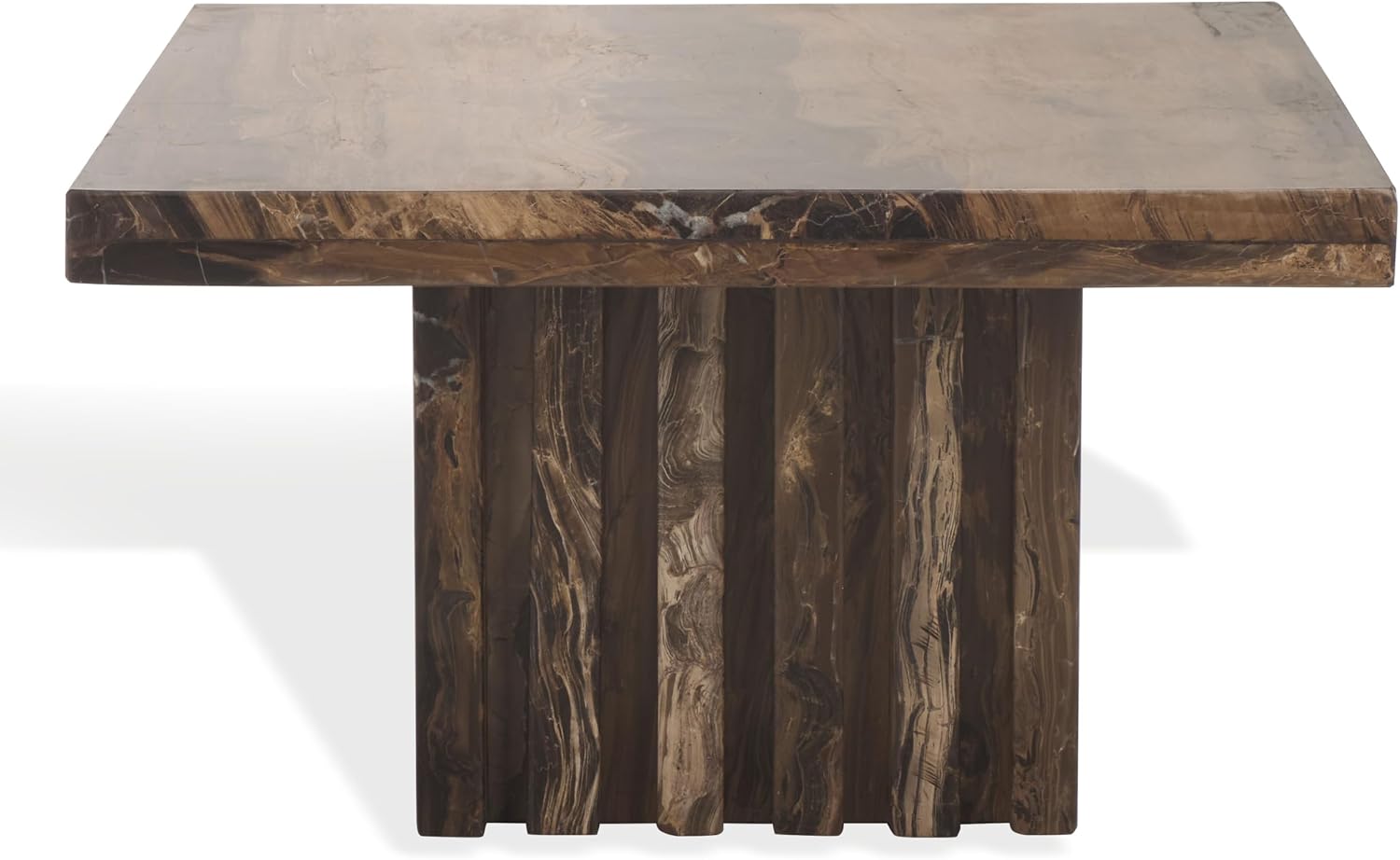 SAFAVIEH Couture Collection - Olivia Brown Marble Accent Table, Square Pedestal Design, Fluted Base Statement Piece (SFV9702B)