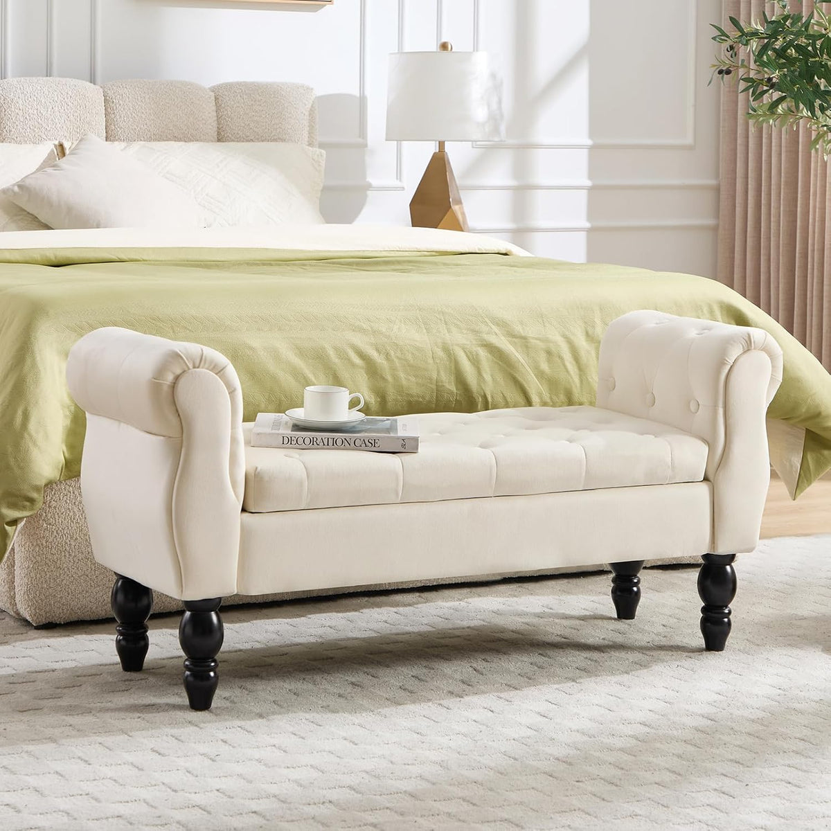 47.6" Storage Bench for End of Bed Bedroom, Velvet Ottoman Bench with Arms and Wood Legs, Upholstered Tufted Button Entryway Bench with Storage, Window Sitting Bench for Living Room, Cream