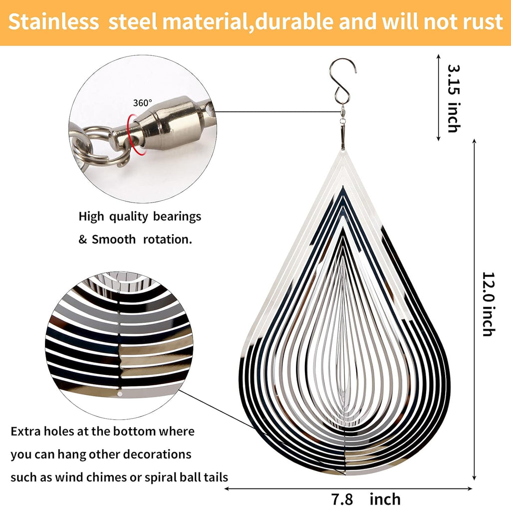 Wind Spinner Flowing-Light Effect Courtyard Decorations Made of Stainless Steel House Hanging Decoration 12“x 8“ Spinners with a 360° Rotating Hook (2 pcs Water Drop-Silver)