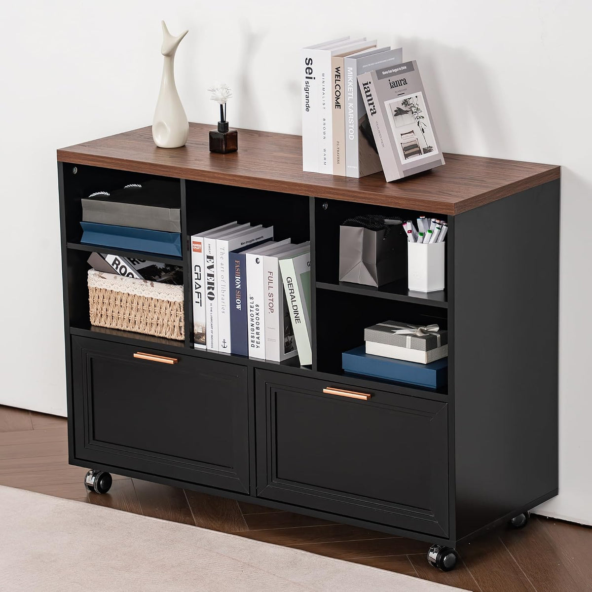 40" Lateral File Cabinet,Farmhouse Wood Small Home Office Storage with Wheels,Filing Cabinet with 2 Drawers for Legal/Letter/ A4 Size