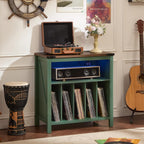 Joaxswe Large Record Player Table with Charging Station & LED Lights, Green Vinyl Record Storage Cabinet Holds up to 230 Albums, Turntable Stand with Display Shelf for Music Room Bedroom Living Room