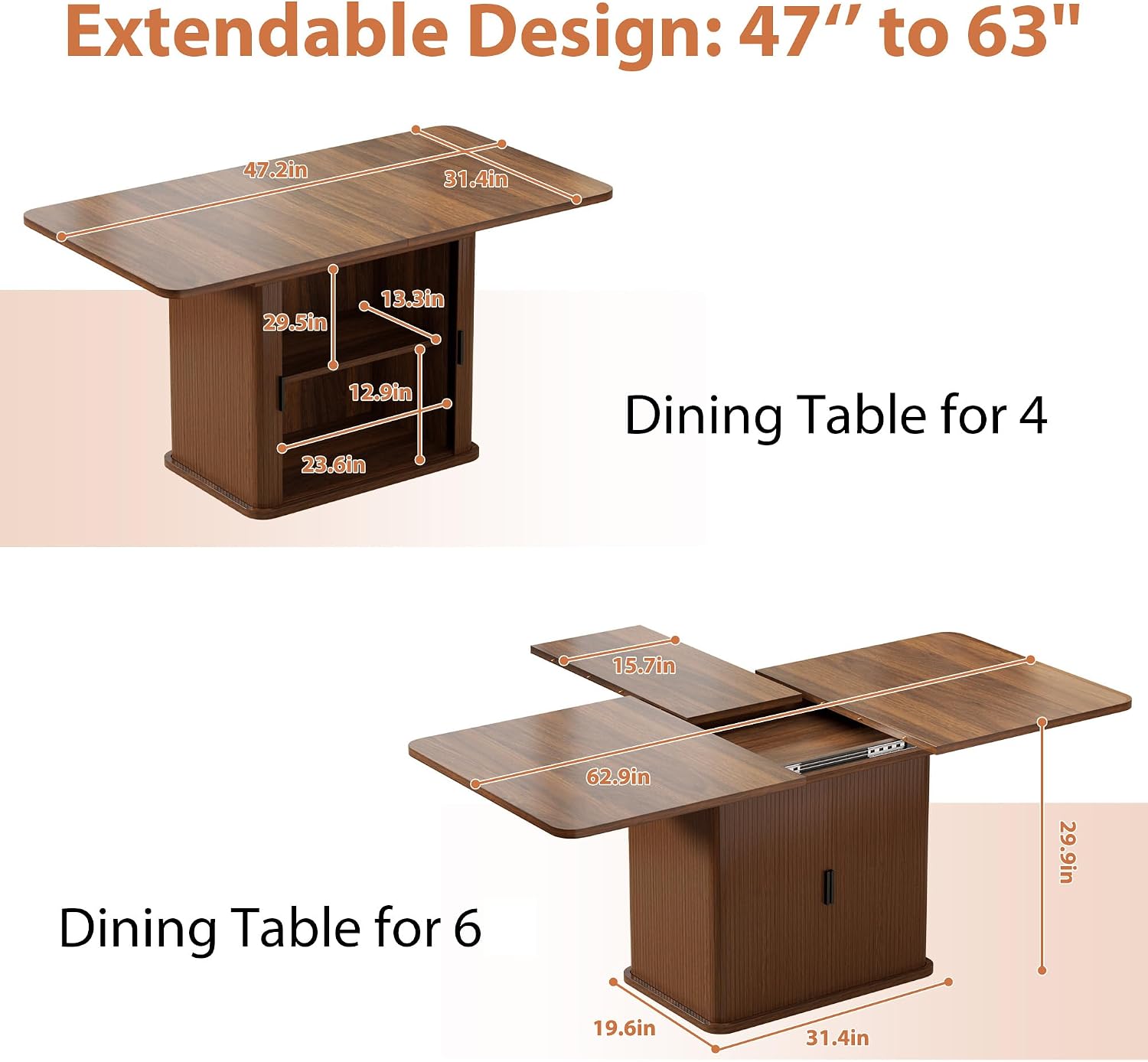 Extendable Dining Table for 4–6, 47″–63″ Rectangular Kitchen Table with Storage, Mid Century Modern Expandable Dinner Table for Dining Room,Kitchen
