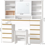 ANWBROAD Large Vanity Desk with Sliding Mirror and Lights& Jewelry Storage | White Makeup Vanity Desk with 11 Drawers,6 Shelves, 3 Color Lights,Dressing Table with Vanity stool, Power Outlet for Women