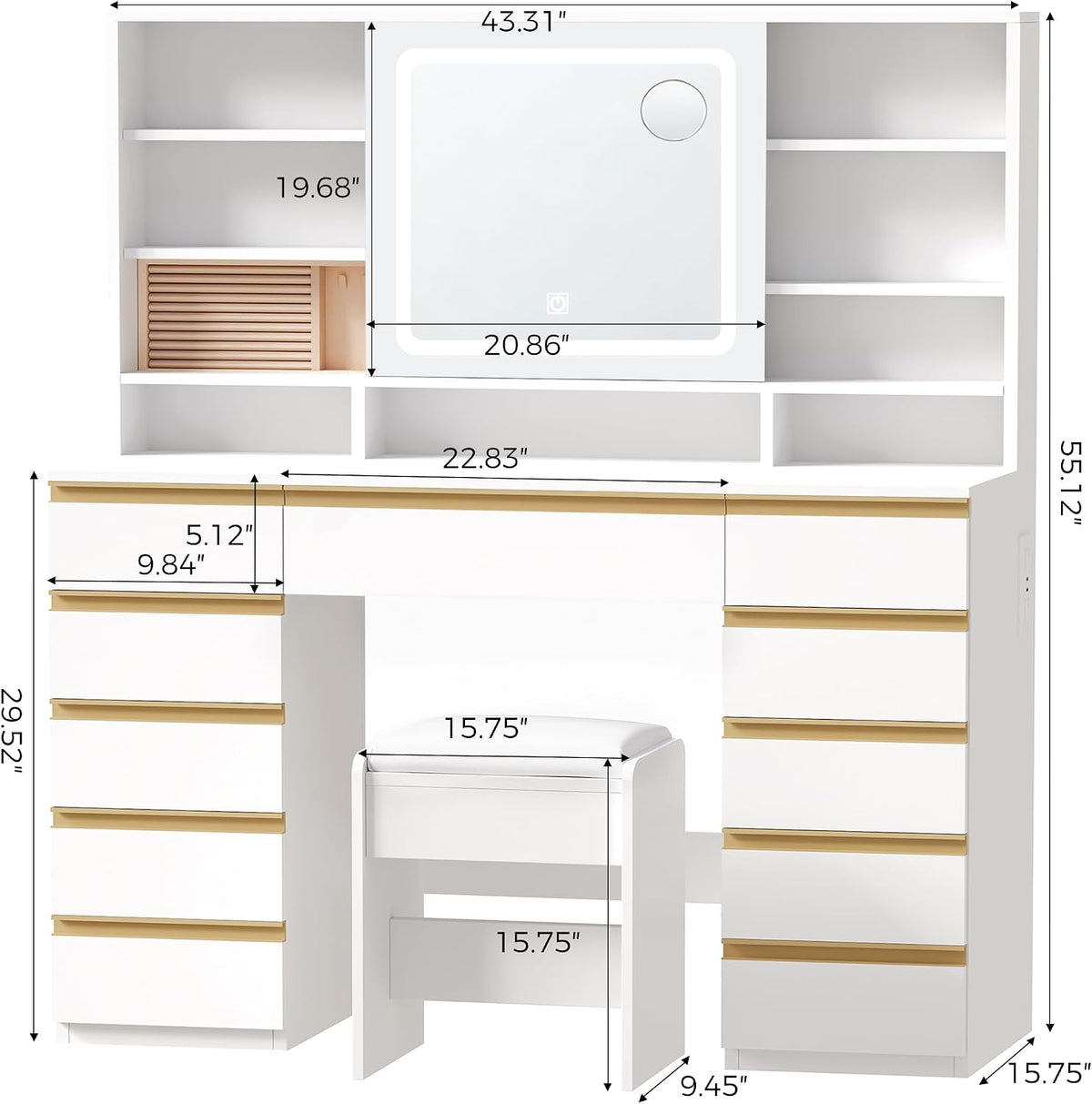 ANWBROAD Large Vanity Desk with Sliding Mirror and Lights& Jewelry Storage | White Makeup Vanity Desk with 11 Drawers,6 Shelves, 3 Color Lights,Dressing Table with Vanity stool, Power Outlet for Women