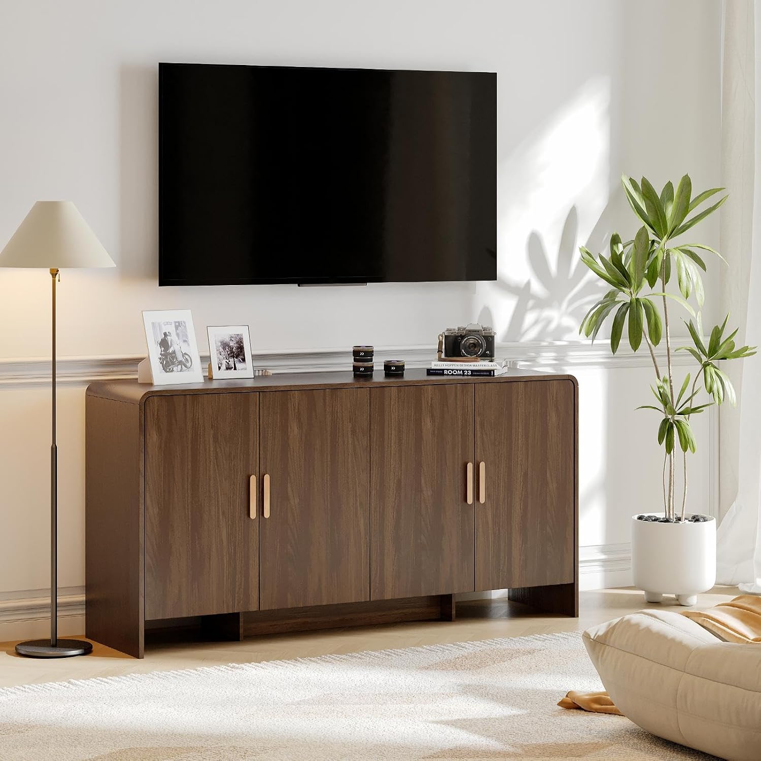 ONBRILL 60" Sideboard Buffet Cabinet with Storage, Curved Design Farmhouse Modern Coffee Bar Cabinet with 4 Doors & Adjustable Shelves for Living Room, Kitchen, Hallway, Walnut