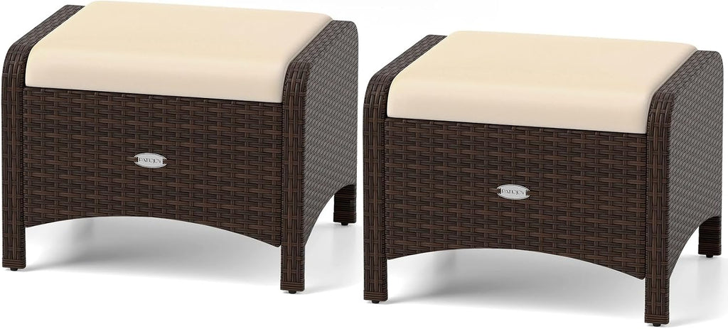 RELAX4LIFE Wicker Outdoor Ottomans for Patio - Set of 2 Rattan Footstools w/Removable Cushions, Multipurpose Outside Foot Rest, Side Table & Additional Seating for Porch Garden Backyard (Beige)
