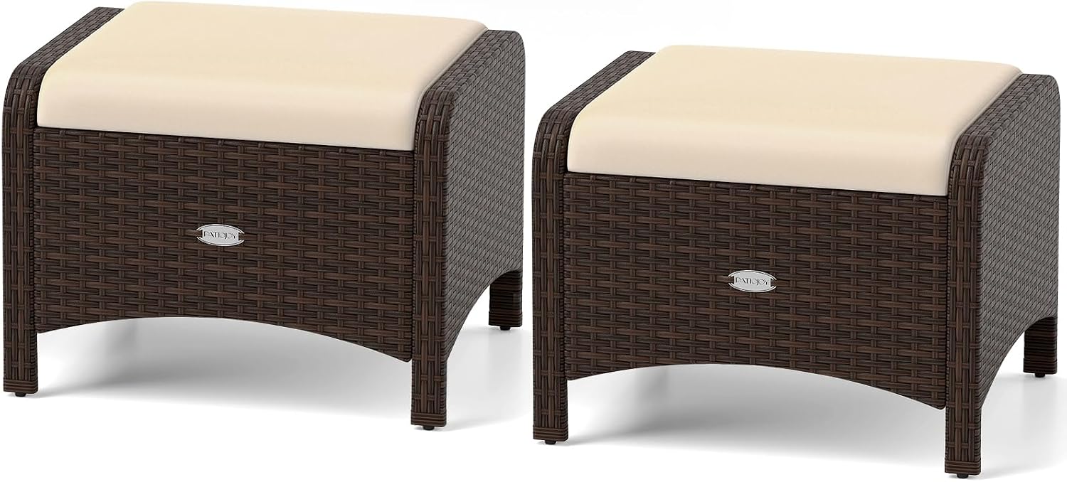 RELAX4LIFE Wicker Outdoor Ottomans for Patio - Set of 2 Rattan Footstools w/Removable Cushions, Multipurpose Outside Foot Rest, Side Table & Additional Seating for Porch Garden Backyard (Beige)
