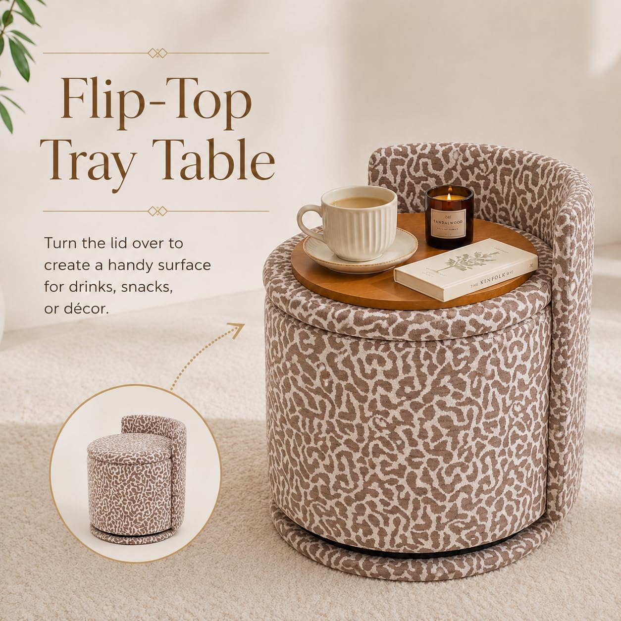 360° Swivel Makeup Chair with Storage, Leopard Upholstered Accent Stool with Back, Round Vanity Stool Ottoman for Living Room, Makeup Room, Bedroom (Leopard)