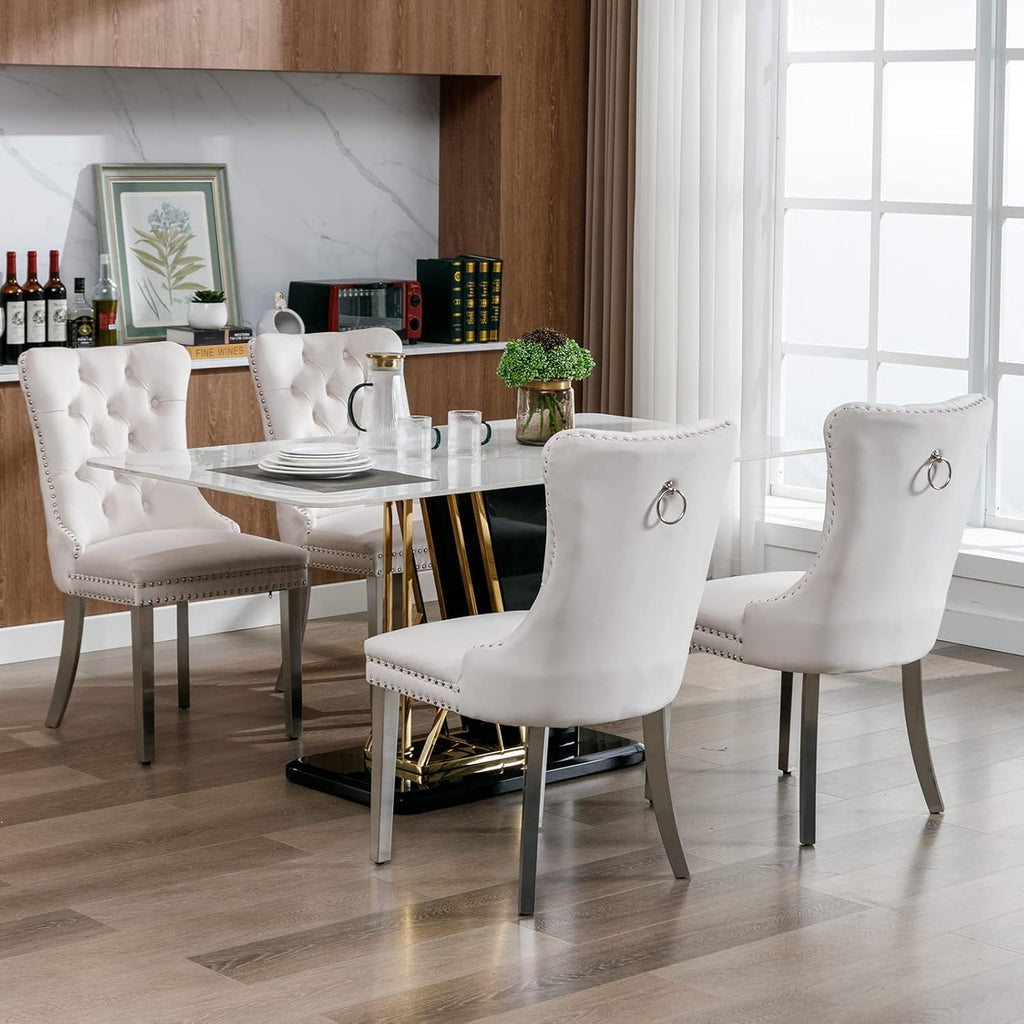 ODUSE-DAILY Velvet Dining Chairs Set of 8, Kitchen & Dining Room Chairs Set of 8, Tufted Dining Chairs, Velvet Upholstered, Chrome Metal Legs (Beige, 8Pcs)