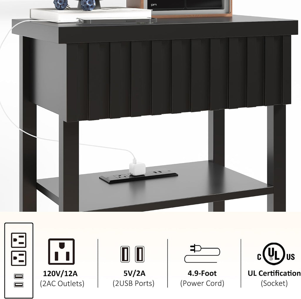 3imothrix Narrow End Table with Charging Station, Fluted Side Table with Drawer for Small Space, Modern Nightstand with Storage Shelves for Living Room Bedroom, Black