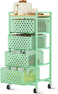 5 Tier Kitchen Storage Cart with Wheels, Utility Fruit Vegetable Storage Rack Stand with Pull-Out Baskets & Wood Top, Metal 4-Drawers Rolling Snack Cart, Kitchen Cart for Potato Onion(Green)