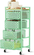 5 Tier Kitchen Storage Cart with Wheels, Utility Fruit Vegetable Storage Rack Stand with Pull-Out Baskets & Wood Top, Metal 4-Drawers Rolling Snack Cart, Kitchen Cart for Potato Onion(Green)