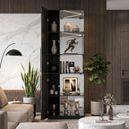 VersionTECH. Glass Display Cabinet with RGB Lights, 5-Tier Curio Cabinets with Glass Doors for Collectibles, Display Case with Adjustable Shelves, Human Sensor, Charging Station, Mirror Backing, Black