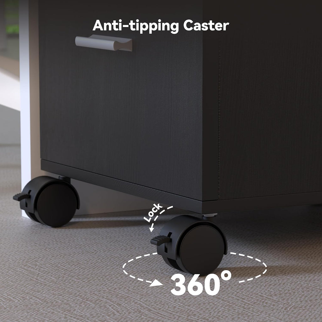 3 Drawer Storage Cabinet,Preassembled Black Wooden Organizer for Files,Under Desk Printer Stand,Mobile on Wheels,19" L x 16" W x 22" H