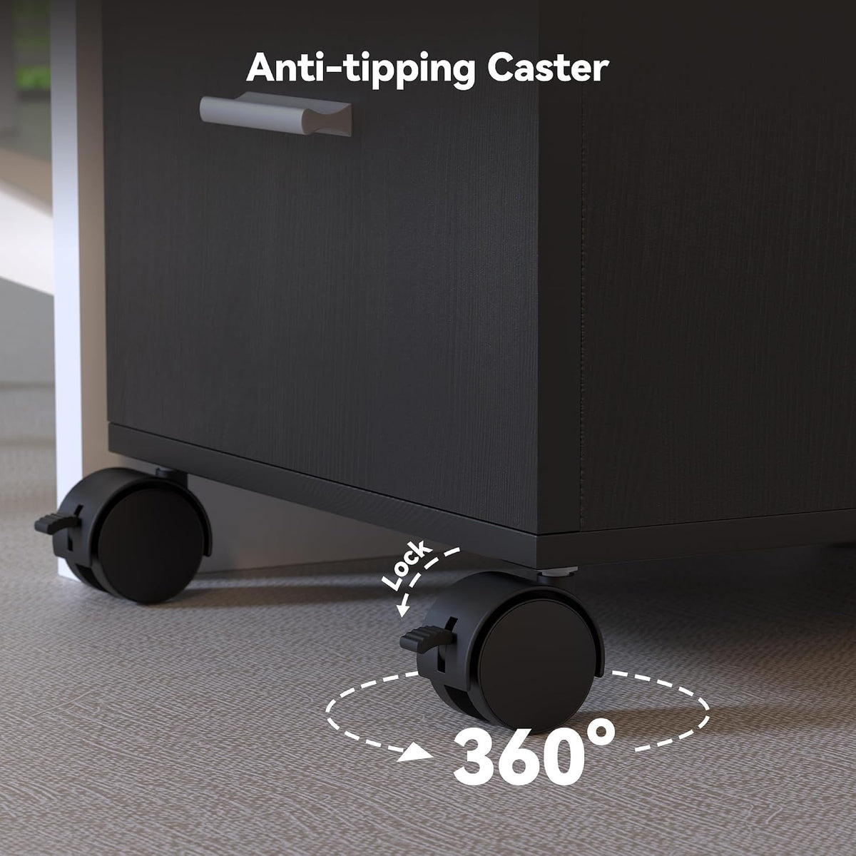 3 Drawer Storage Cabinet,Preassembled Black Wooden Organizer for Files,Under Desk Printer Stand,Mobile on Wheels,19" L x 16" W x 22" H