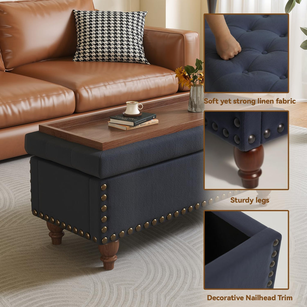 42'' End of Bed Storage Bench with Dual-Surface Lid, Upholstered Ottoman with Hidden Storage, Chenille Bench Seating with Wood Panel Seat for Entryway,Living Room,Bedroom-Blue