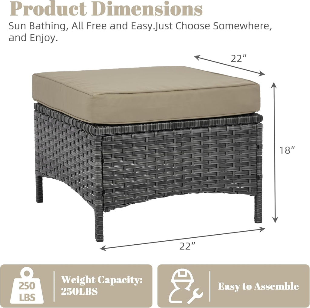 Set of 2 Outdoor Patio Ottomans, All-Weather PE Rattan Wicker Furniture for Backyard Porch Deck Poolside, Sturdy Steel Frame, Khaki