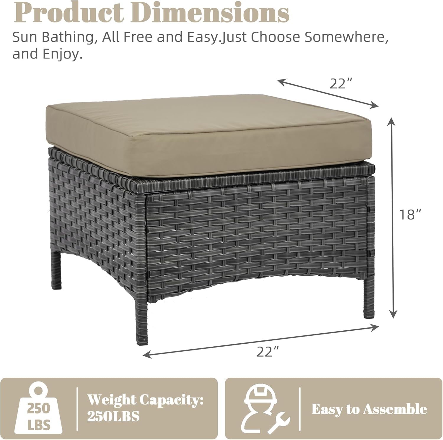 Set of 2 Outdoor Patio Ottomans, All-Weather PE Rattan Wicker Furniture for Backyard Porch Deck Poolside, Sturdy Steel Frame, Khaki
