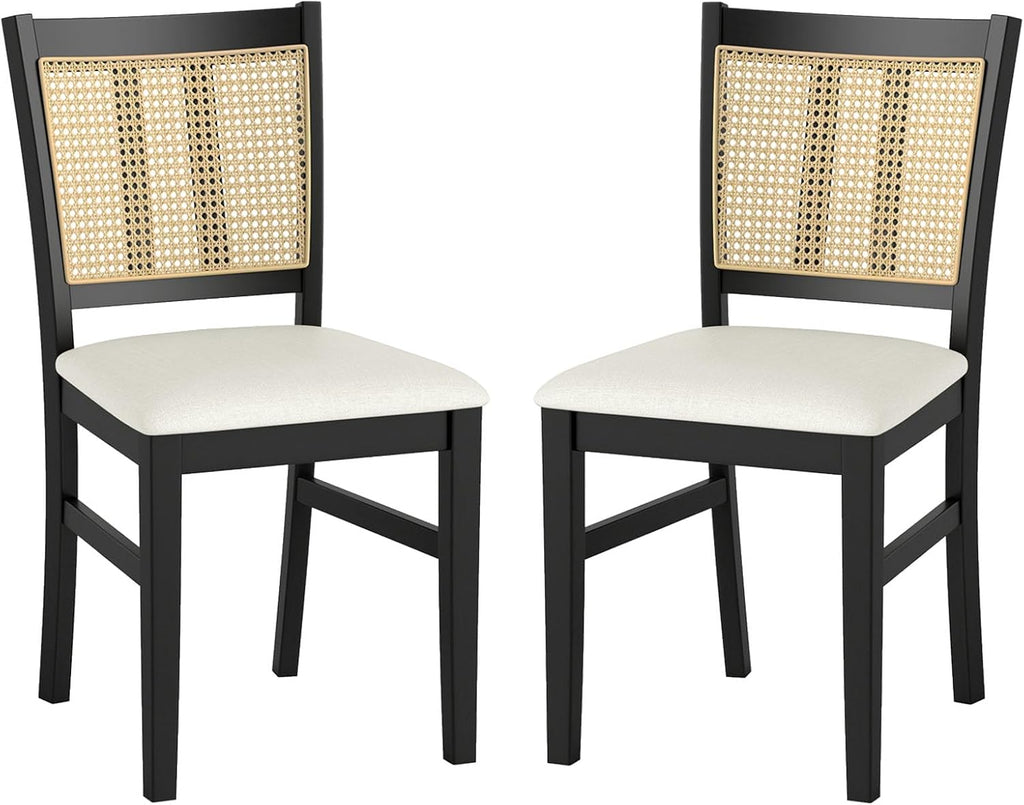 Giantex Rattan Dining Chairs Set of 2, Farmhouse Fabric Upholstered Kitchen Chairs with Rubber Wood Legs, Padded Seat, Cane Back, Country Armless Side Chair for Dining Living Room Restaurant